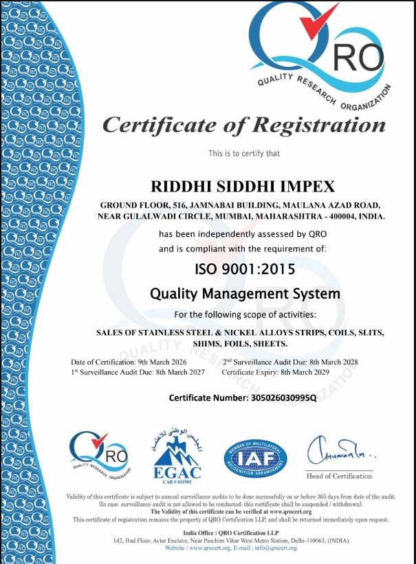 ISO 9001:2015 quality management certificate